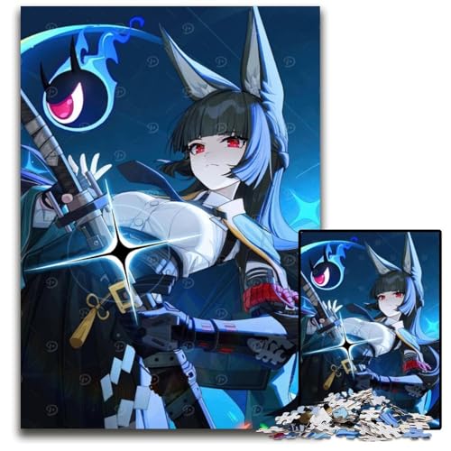 Puzzle 1000 Teile für Erwachsene AnimeMädchen mit Schwert und Blauer Flamme Holzpuzzle perfekt für Halloween Weihnachten Geburtstagsgeschenk 1000 Teile (75 x 50 cm) von CXUOSADIP