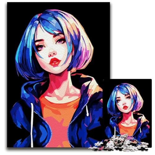 Puzzle 1000 Teile für Erwachsene AnimeMädchen mit blauen Haaren Holzpuzzle perfekt für Halloween Weihnachten Geburtstagsgeschenk 1000 Teile (38 x 26 cm) von CXUOSADIP