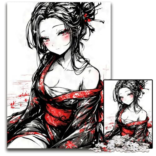 Puzzle 1000 Teile für Erwachsene AnimeMädchen mit schwarzer Tinte im Kimono Holzpuzzle für Erwachsene Familie und Freunde geeignet für Kinder ab 14 Jahren 1000 (38 x 26 cm) von CXUOSADIP