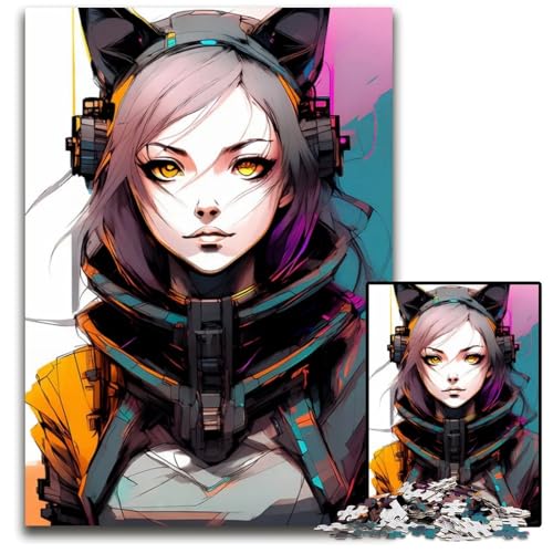 Puzzle 1000 Teile für Erwachsene Beauty Cyber Cat Girl KunstPuzzles für Erwachsene Familienspielabend Spaß DIY dekoratives Kunstwerk 1000 Teile (38 x 26 cm) von CXUOSADIP