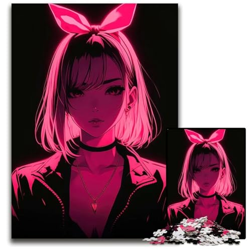 Puzzle 1000 Teile für Erwachsene Neonpink leuchtendes AnimeMädchen Holzpuzzle für Erwachsene Familie und Freunde geeignet für Kinder ab 14 Jahren 1000 Teile (38 x 26 cm) von CXUOSADIP