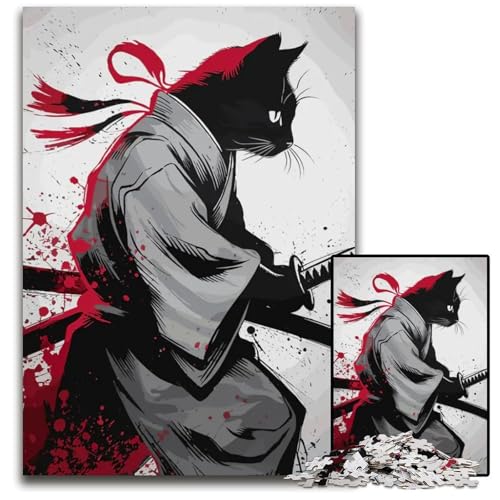 Puzzle 1000 Teile für Erwachsene SamuraiKatze Holzpuzzle für Erwachsene Familie und Freunde geeignet für Kinder ab 14 Jahren 1000 Teile (38 x 26 cm) von CXUOSADIP