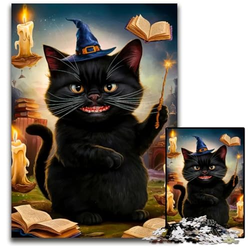 Puzzle 1000 Teile für Erwachsene Zaubererkatze Holzpuzzle Heimdekoration Urlaubsspaß 1000 Teile (75 x 50 cm) von CXUOSADIP