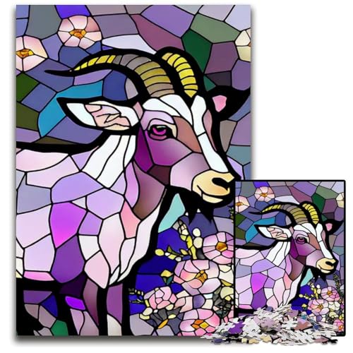Puzzle 1000 Teile für Erwachsene ZiegenBuntglasStil Holzpuzzle Heimdekoration Urlaubsspaß 1000 Teile (75 x 50 cm) von CXUOSADIP