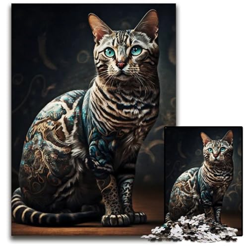Puzzle 1000 Teile für Erwachsene im KatzenTattooStil Holzpuzzles für Teenager Familienspaß DIYDenkspiel Geschenk 1000 Teile (75 x 50 cm) von CXUOSADIP