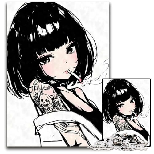 Puzzle 1000 Teile für Erwachsene rauchendes Tattoo AnimeMädchen Holzpuzzle für Erwachsene Familie und Freunde geeignet für Kinder ab 14 Jahren 1000 Teile (38 x 26 cm) von CXUOSADIP