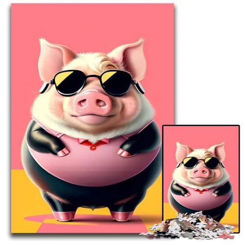 Puzzle 1000 Teile für Erwachsene süßes Schwein im RetroStil Holzpuzzle für Teenager Familienspaß DIYDenkspiel Geschenk 1000 Teile (75 x 50 cm) von CXUOSADIP