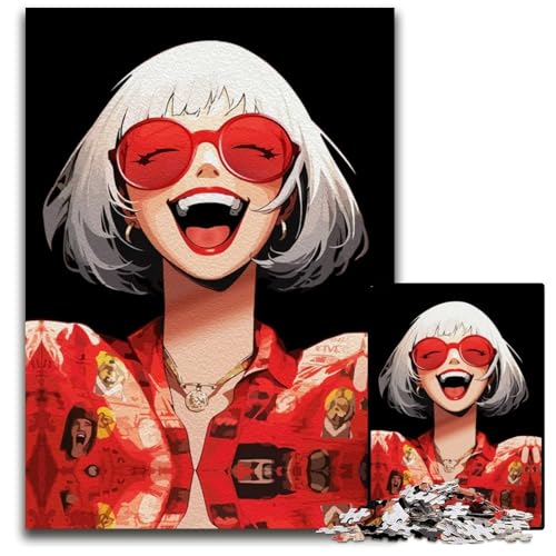 Puzzle 1000 Teile lächelndes AnimeMädchen in Rot Holzpuzzle entspannende Unterhaltung Heimdekoration 1000 Teile (75 x 50 cm) von CXUOSADIP