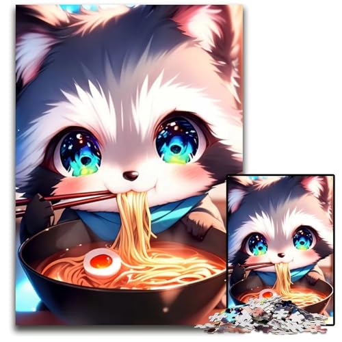 Puzzle 1000 Teile süßer AnimeFuchs der Ramen isst Holzpuzzle entspannende Unterhaltung Heimdekoration 1000 Teile (38 x 26 cm) von CXUOSADIP