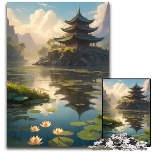 Puzzle für Erwachsene 1000 Teile AnimeLoFiLandschaft mit ruhiger Pagode am See anspruchsvolle Puzzles interaktives Familienspiel Bastelgeschenk mit farbenfrohen Kunstwerken 1000 Teile (38 x 26 cm) von CXUOSADIP
