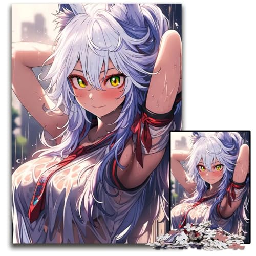Puzzle für Erwachsene 1000 Teile Foxgirl Hibiki im Regen anspruchsvolle Puzzles interaktives Familienspiel Bastelgeschenk mit farbenfrohen Kunstwerken 1000 Teile (38 x 26 cm) von CXUOSADIP