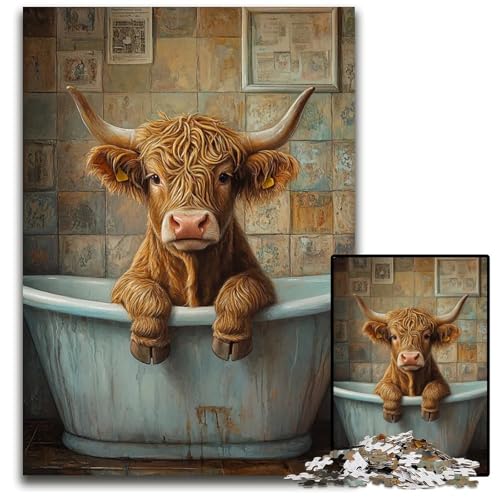Puzzle für Erwachsene 1000 Teile Hochlandkuh in der Badewanne schwierige Puzzles für Erwachsene Muttertag Geburtstag Weihnachten 1000 Teile (38 x 26 cm) von CXUOSADIP