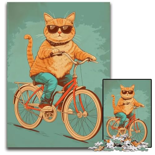 Puzzle für Erwachsene 1000 Teile Katze auf dem Fahrrad Holzpuzzle für Erwachsene interaktives Familienspiel GehirnHerausforderung Lernspielzeug 1000 Teile (75 x 50 cm) von CXUOSADIP