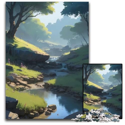Puzzle für Erwachsene AnimeLoFiLandschaft mit ruhigem Waldbach Holzpuzzle interaktives Familienspiel Heimdekoration Denksportaufgabe Geschenk 1000 Teile (75 x 50 cm) von CXUOSADIP