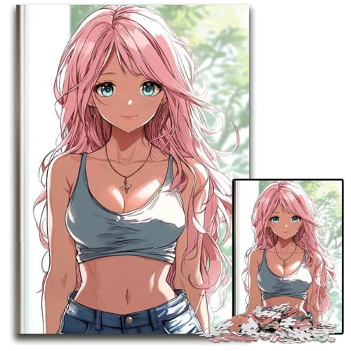 Puzzle für Erwachsene AnimeMädchen mit rosa Haaren Holzpuzzle interaktives Familienspiel DIY Heimdekoration Denksportaufgabe Geschenk 1000 Teile (75 x 50 cm) von CXUOSADIP