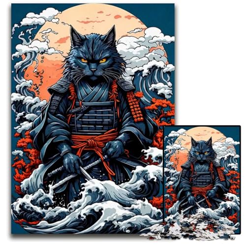 Puzzle für Erwachsene Katze Samurai Japan aus Holz für die Heimdekoration ideales Weihnachts und Neujahrsgeschenk für Teenager 1000 Teile (75 x 50 cm) von CXUOSADIP