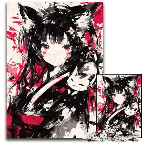 Puzzle für Erwachsene PC Schwarze Tinte NekomimiKatze Holzpuzzle interaktives Familienspiel DIY Heimdekoration Denksportaufgabe Geschenk 1000 Teile (75 x 50 cm) von CXUOSADIP