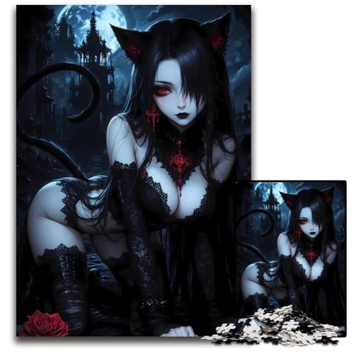 Puzzle für Erwachsene PC Schwarzes Katzenmädchen in gotischer Umgebung Holzpuzzle interaktives Familienspiel DIY Heimdekoration Denksportaufgabe Geschenk 1000 Teile (75 x 50 cm) von CXUOSADIP