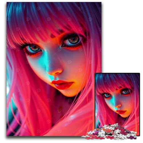 Puzzle für Erwachsene mit rosa Haaren AnimeMädchenPorträt 1000teiliges Holzpuzzle Eltern Liebhaber Freunde Alter 14 1000 Teile (38 x 26 cm) von CXUOSADIP