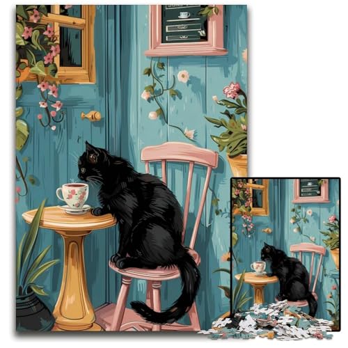 Puzzle mit 1000 Teilen Katze trinkt Kaffee Papierpuzzle anspruchsvolles Denkspiel für Teenager Spaß am Familienspielabend 1000 Teile (38 x 26 cm) von CXUOSADIP