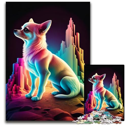Puzzle mit 1000 Teilen für Erwachsene EIN bunter ChihuahuaHund Holzpuzzle interaktives Familienspiel GehirnHerausforderung Lernspielzeug 1000 Teile (75 x 50 cm) von CXUOSADIP