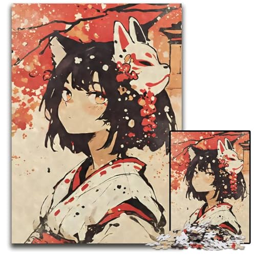 Puzzle mit 1000 Teilen für Erwachsene KitsuneMädchen Kimono Fuchsmaske Holzpuzzle perfekt für Halloween Weihnachten Geburtstagsgeschenk 1000 Teile (75 x 50 cm) von CXUOSADIP