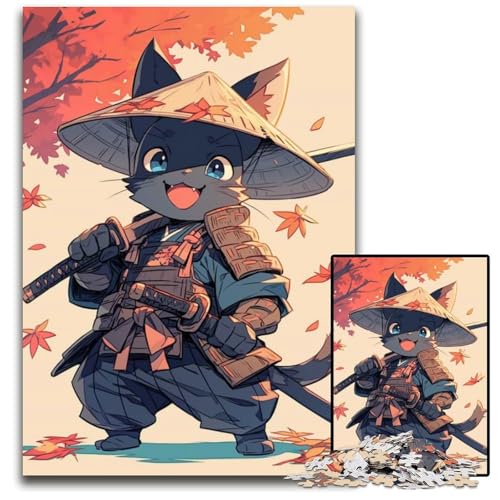 Puzzle mit KatzenSamuraiIllustration Japanisches Zimmer 1000 Teile für Erwachsene Puzzle für Erwachsene perfekt für Heimdekoration Geburtstage Feiertage und Geschenke 1000 Teile (38 x 26 cm) von CXUOSADIP