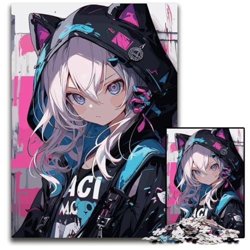 Puzzleteil Anime Kawaii Katzenmädchen schwierige Puzzles für Erwachsene für Teenager Familienspieleabend hirnfordernde Geschenkidee 1000 Teile (75 x 50 cm) von CXUOSADIP