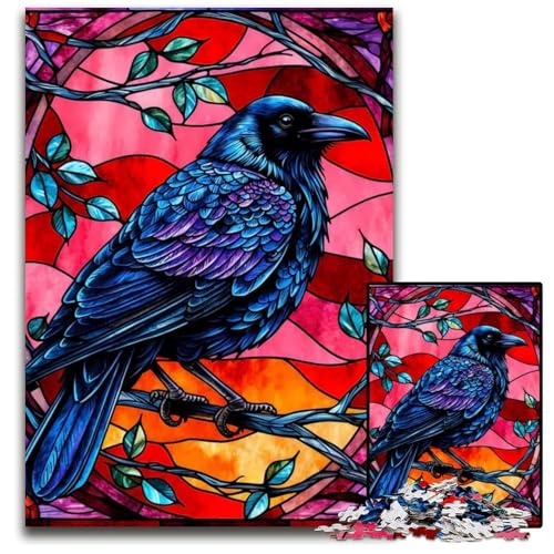 Raven BuntglasStil 1000teiliges Puzzle für Erwachsene Holzpuzzle Geburtstagsgeschenkidee anspruchsvolles Denkspiel 1000 Teile (75 x 50 cm) von CXUOSADIP