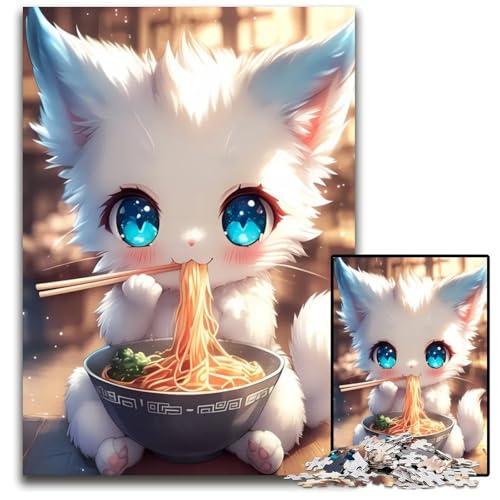 Süße Katze isst Nudeln Puzzle für Erwachsene 1000 Holzpuzzles für Heimdekoration Gehirntraining 1000 Teile (38 x 26 cm) von CXUOSADIP
