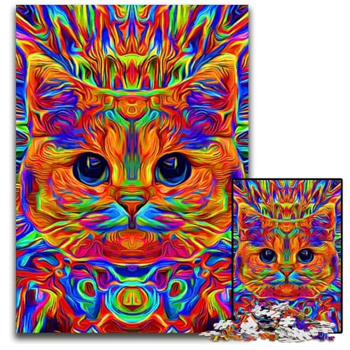 Teile für Erwachsene Psychedelische Katze buntes Holzpuzzle für Erwachsene anspruchsvolles Denkspiel für Teenager unterhaltsames interaktives Spiel für die ganze Familie 1000 Teile (75 x 50 cm) von CXUOSADIP