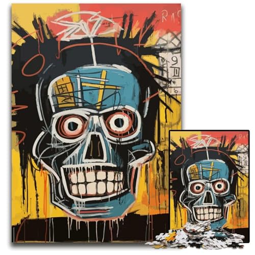 TotenkopfPuzzle im BasquiatStil 1000 Teile für Erwachsene Holzpuzzle für Erwachsene Heimdekoration 1000 Teile (75 x 50 cm) von CXUOSADIP