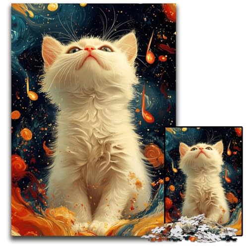 Weiße Katze in Abstrakter Kunst 1000teiliges Puzzle für Erwachsene Holzpuzzle Geburtstagsgeschenkidee anspruchsvolles Denkspiel 1000 Teile (75 x 50 cm) von CXUOSADIP