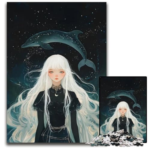 Weißhaariges Mädchen mit DelfinKonstellationsteilPuzzle anspruchsvolle Puzzles Denksportaufgabe interaktives Familienspiel geeignet für Kinder ab 14 Jahren 1000 Teile (75 x 50 cm) von CXUOSADIP