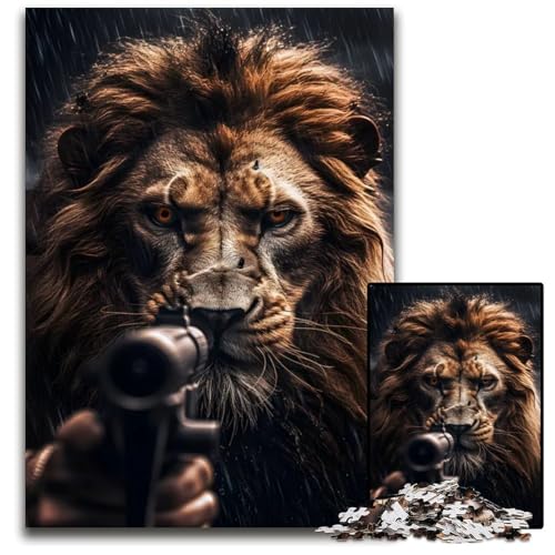 Wütender Löwe mit Pistole Artb 1000teiliges Puzzle für Erwachsene anspruchsvolle Puzzles Denksportaufgabe interaktives Familienspiel geeignet für Kinder ab 14 Jahren 1000 Teile (75 x 50 cm) von CXUOSADIP