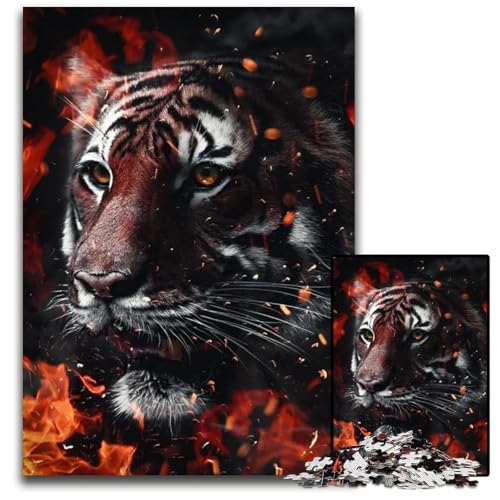 Wütender Tiger auf Feuer KunstPuzzle 1000 Teile für Erwachsene Puzzle Spiel für Erwachsene Geschenk interaktives Familienspiel GehirnHerausforderung Geschenk 1000 Teile (75 x 50 cm) von CXUOSADIP