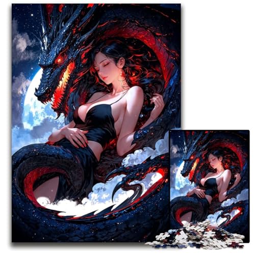 Wunderschönes Puzzle mit schlafendem Drachenmädchen für Erwachsene 1000 Teile Holzpuzzle für Heimdekoration Gehirntraining 1000 Teile (38 x 26 cm) von CXUOSADIP
