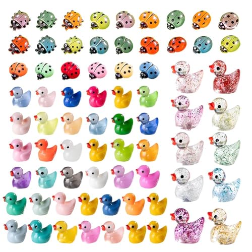 CYGMRFH 72 Stück Mini-Figuren Set, 48 Enten-Ornamente 24 Marienkäfer-Dekorationen, Leuchtende Mini-Enten & 3D Kleine Enten-Figuren, Süße Harz-Miniaturspielzeuge für Aquarium Puppenhaus DIY Feengarten von CYGMRFH