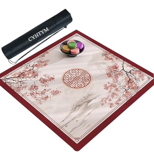 CYHTYM Quadratische Mahjong-Matte mit Aufbewahrungstasche im Kordelzug, wasserdichte PU-Tischmatte im chinesischen Stil(Red,140cm/55.1") von CYHTYM