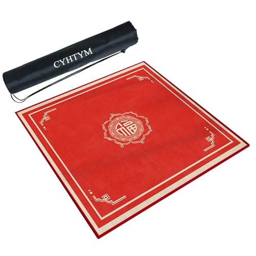 CYHTYM Quadratische Mahjong-Matte mit schwarzer Tragetasche, weiche und rutschfeste Tischdecke, Tischunterlage für Mahjong-Poker-Kartenspiele(Red,120cm/47.2") von CYHTYM