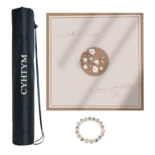 CYHTYM Rice White Anti-Rutsch-Mahjong-Matte mit Aufbewahrungstasche mit Kordelzug und Armband, quadratische, geräuschlose Tischmatte, Schreibtisch-Abdeckmatte(70CM/27.5") von CYHTYM