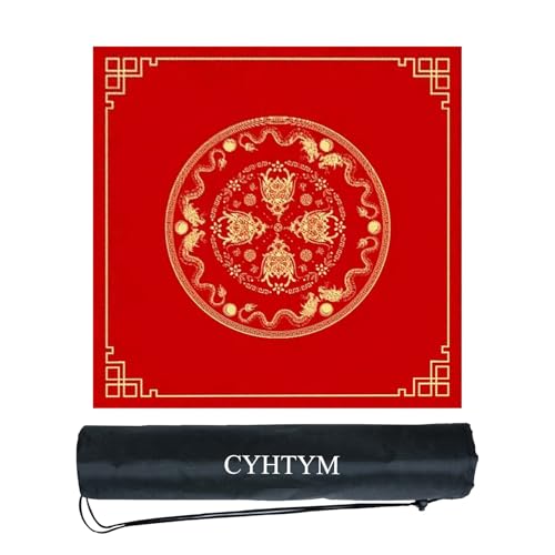 CYHTYM Rotes Mahjong-Pad mit chinesischem Loong-Muster und schwarzer Aufbewahrungstasche, großes Tischset, rutschfest und geräuschreduzierend, geeignet für Poker, Schachbrett(Red1,70CM/27.5") von CYHTYM