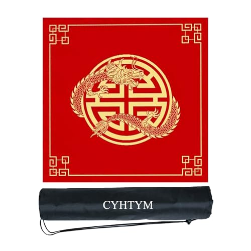 CYHTYM Rotes Mahjong-Pad mit chinesischem Loong-Muster und schwarzer Aufbewahrungstasche, großes Tischset, rutschfest und geräuschreduzierend, geeignet für Poker, Schachbrett(Red7,100CM/39.3") von CYHTYM