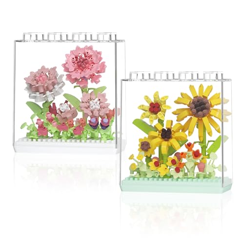 CYIOU 2 Boxen Blumen Bausteine Set Mini Sonnenblume Nelke Blumen Klemmbausteine mit Acryl Vitrine Blumen Bausteine mit Staubschutzhülle für Home Deko Botanische Sammlung (354 Pcs+355 Pcs) von CYIOU