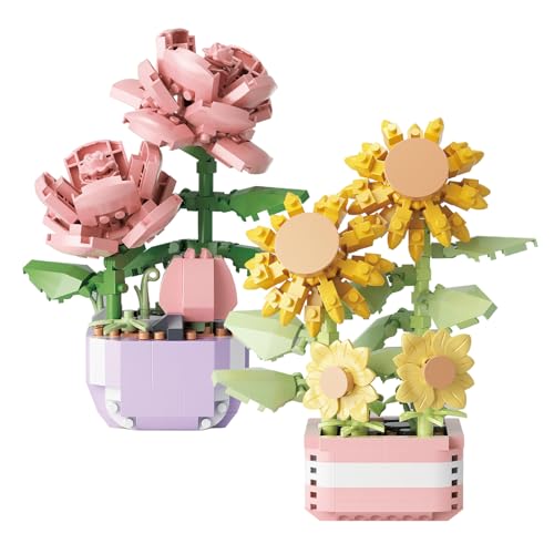 CYIOU 2 Mini Blumen Sukkulenten Bausteine Set, 367 Stück+317 Stück Botanisches Set Topf Pflanze Blume Botanische Simulation Topf Pflanze Partikel Blume Botanische Ziegel Spielzeug(Rose+Sonnenblume) von CYIOU
