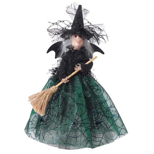 CYRENT Halloween-Hexenpuppe mit Besen, Gaze und Pailletten, stabile Basis, um Umkippen zu verhindern, für Haus, Garten, Party-Dekorationen (grün) von CYRENT