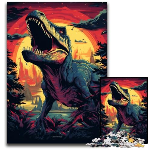 1000-teiliges Puzzle für Erwachsene Tyrannosaurus Rex und Sonnenuntergang am Ozean Holzpuzzle anspruchsvolles Denkspiel – entspannendes Spielzeug für Teenager 1000 Teile (75x50cm) von CYSEHKRBL