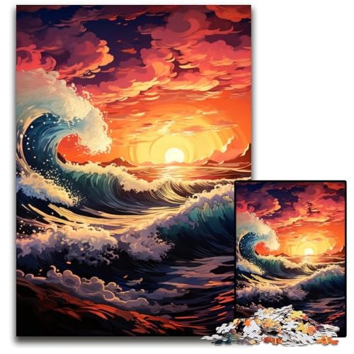 1000-teiliges Puzzle für Erwachsene Wellen unter Sonnenuntergang Holzpuzzle anspruchsvolles Denkspiel – entspannendes Spielzeug für Teenager 1000 Teile (75x50cm) von CYSEHKRBL