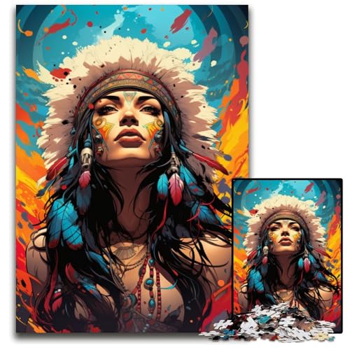 Buntes psychedelisches Puzzle mit 1000 Teilen für Erwachsene mit indianischer Frau. Holzpuzzle Denkspiel für Teenager und Familieninteraktion 1000 Teile (75 x 50 cm) von CYSEHKRBL