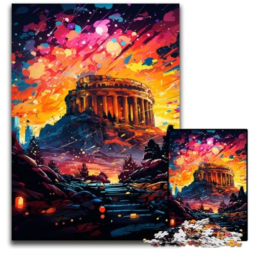 Die farbenfrohe Psychedelia der Akropolis 1000-teiliges Puzzle für Erwachsene Holzpuzzle Weihnachten Halloween Ostern Neujahr 1000 Teile (75x50cm) von CYSEHKRBL